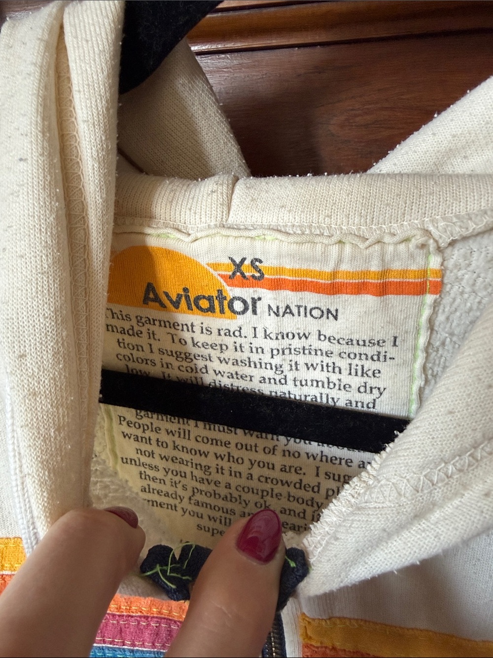 Aviator Nation Cream Hoodie with Orange and Yellow Retro Rainbow Stripes - Picture 2 of 6